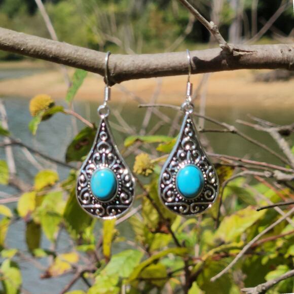 Blue Turquoise Dangle Earrings – Boho Silver Drop Jewelry for Women - Picture 5 of 14